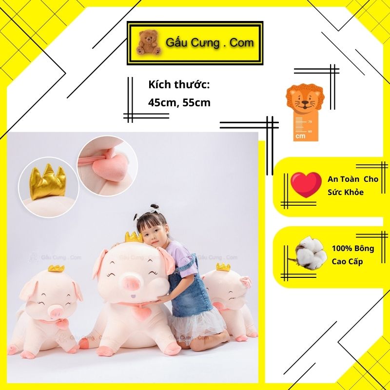 Gấu Bông Heo Hồng Ngồi Đội Vương Miện Siêu Cute Kích Cỡ 45cm, 55cm (MSP: GY0024-PIG)