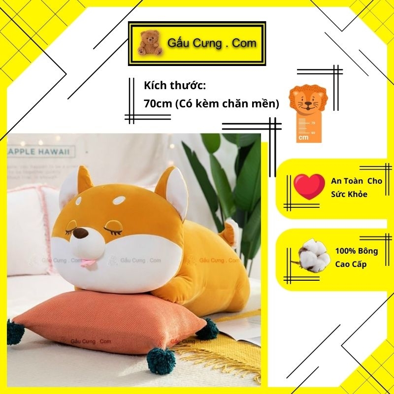 Gấu Bông Chó Shiba Nằm Lè Lưỡi, Kèm Chăn Mền Size 70cm (MSP: GY0026-SHI)