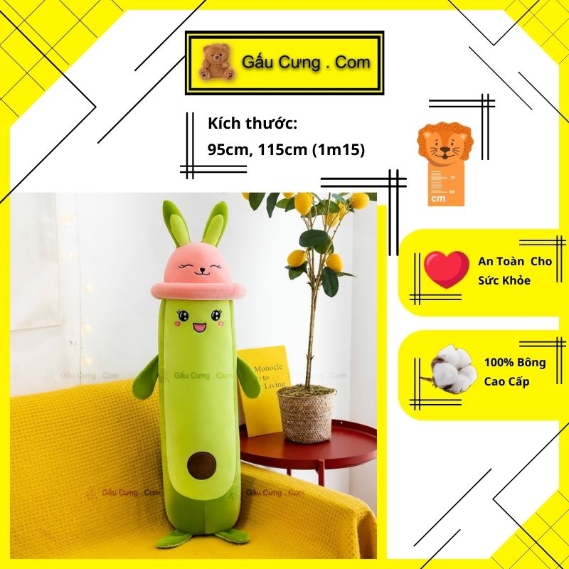 Gấu Bông Dài Ôm Ngủ Hình Trái Bơ Đội Nón Tai Thỏ Size To 95cm, 1m15 (115cm) | MSP: GY0035-PILO