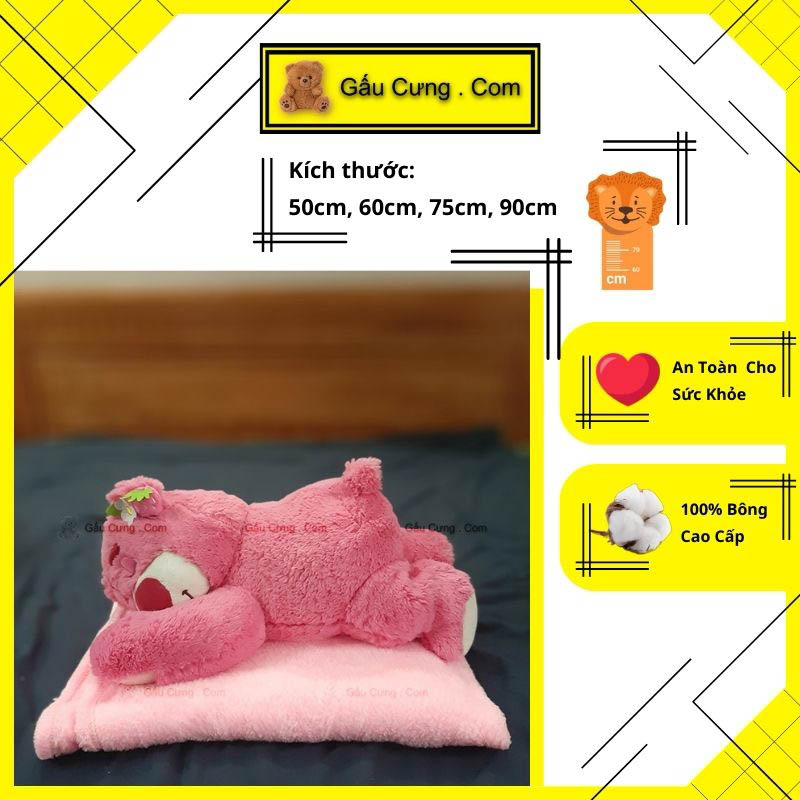 Gấu Dâu Nằm Gấu Bông Lotso Baby Cute, Lông Mềm Mịn Đủ Kích Thước, Có Option Chăn Mền (MSP: GY0001-LOT)