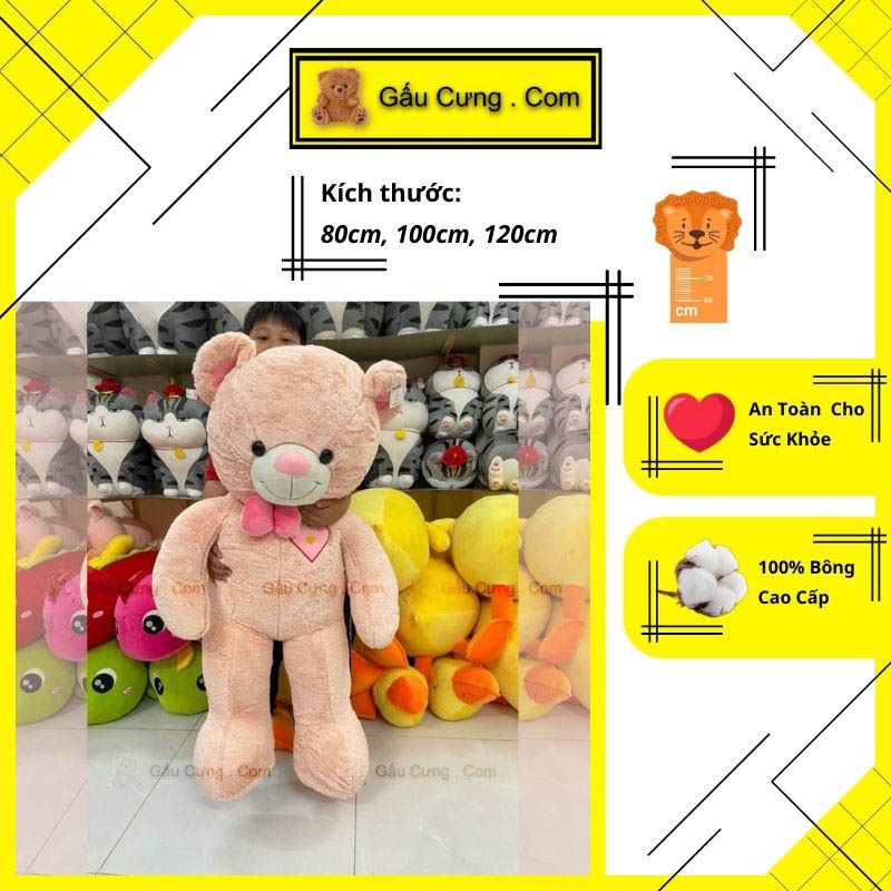 Gấu Bông Teddy Lớn Cỡ 80cm, 1m, 1m2, Gấu Teddy Hồng Lông Thỏ Thêu Tim Cao Cấp (MSP - GY0004-TED)